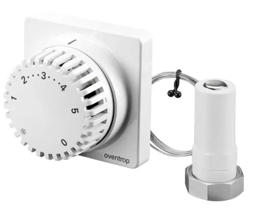 Thermostat von Oventrop mit drehbarem Regler zur Temperaturregelung und einem Fernverstellmechanismus. Weißes Design mit angeschlossenem Sensorkabel.